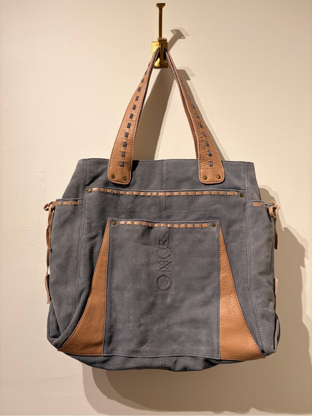 Muxo Camila Alves Large Leather Suede Linen Tote with Pockets Dusty Blue Tan